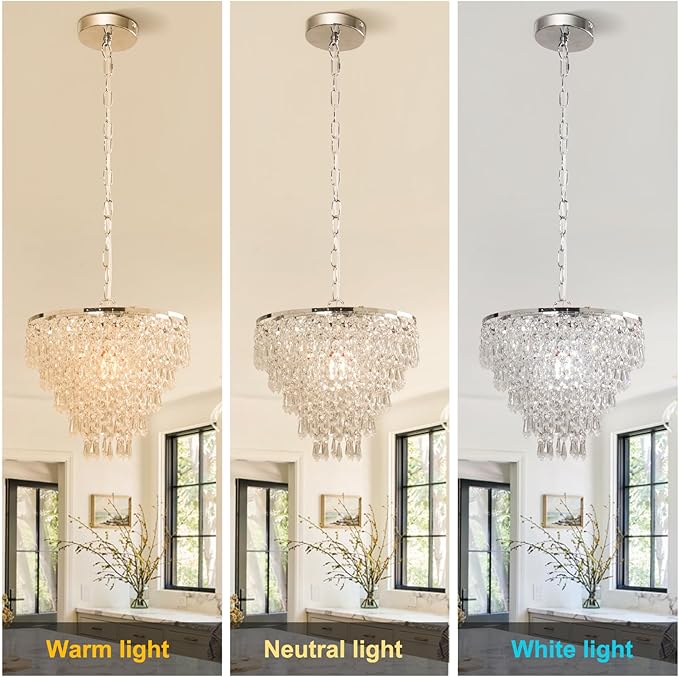 FRIXCHUR 11.8'' Crystal Chandelier Chrome Crystal Ceiling Light Led Flush Mount Ceiling Pendant Light Metal LED Pendant Light for Bedroom Living Room Foyer