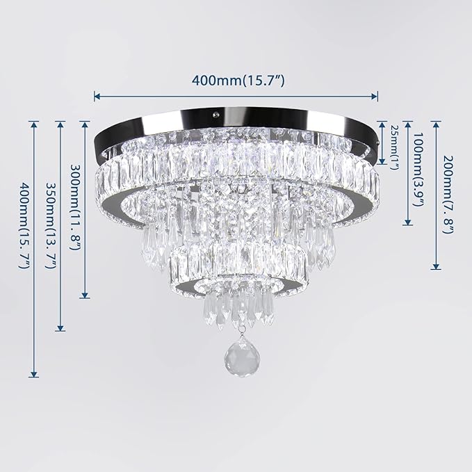 Finktonglan 15.7" Crystal Semi Flush Mount Ceiling Light, 2-Ring LED Crystal Chandelier, Cool White 6500K, Non-Dimmable, Built-in LED for Bedroom Hallway Entryway Dining Room