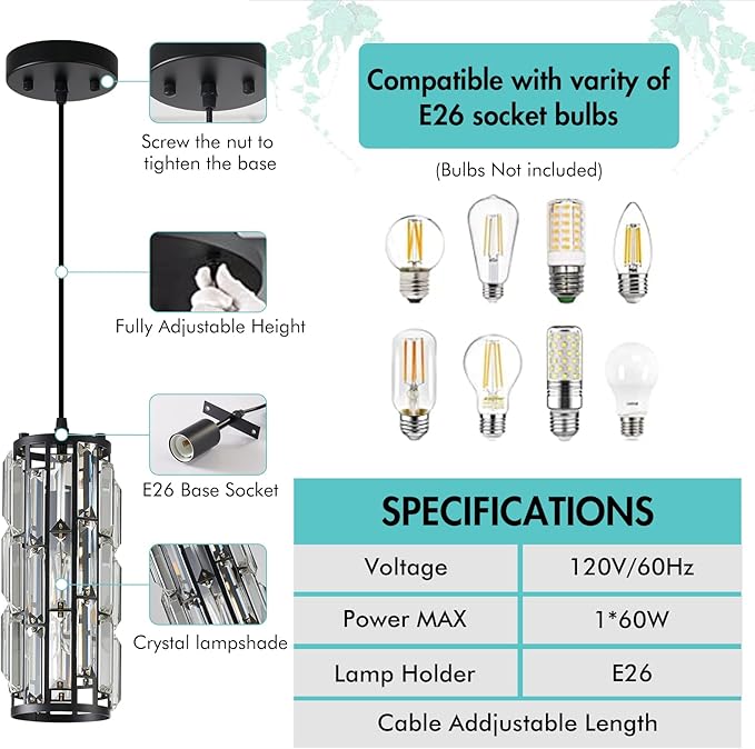 Black Pendant Lighting Modern Pendant Lighti，Pendant Lights Kitchen Island Crystal Pendant Light Fixture，Mini Crystal Chandeliers for Kitchen, Dining Room and Bedroom (3 Pack)