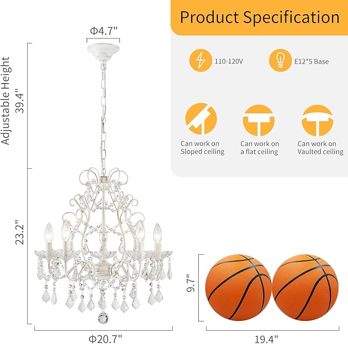 WUZUPS 5-Light Crystal Candle Chandelier Pendant Ceiling Light Modern Lighting Fixture for Bedroom Hallway Bar Kitchen Bathroom, H 23.2" W 20.7", E12 Base, Rustic White