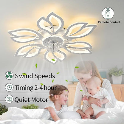 White Flower Modern Ceiling Fans with Lights, Low Profile Ceiling Fan with Remote for Bedroom, Flush Mount Ceiling Fan with LED Dimmable Light,3-Colors, 6-Speeds, Ceiling Fans Light