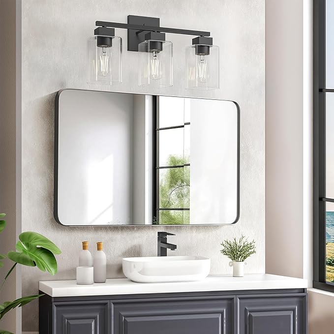 Matte Black Bathroom Vanity Light, 3-Light Vanity Lighting fixtures Over Mirror, Square Design & UL Certification, Wall Sconces with Clear Glass Shades, E26 Socket (Bulbs Not Included)