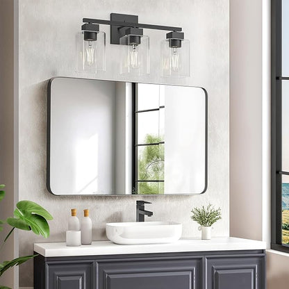 Matte Black Bathroom Vanity Light, 3-Light Vanity Lighting fixtures Over Mirror, Square Design & UL Certification, Wall Sconces with Clear Glass Shades, E26 Socket (Bulbs Not Included)