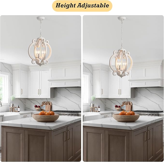 Farmhouse Chandelier for Dining Room, French Country Chandelier Distressed White, 4-Light Rustic Wooden Chandelier, Cottage Antique Wood Hanging Light Fixture for Entryway Foyer Living Room Kitchen
