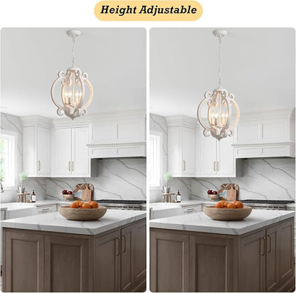 Farmhouse Chandelier for Dining Room, French Country Chandelier Distressed White, 4-Light Rustic Wooden Chandelier, Cottage Antique Wood Hanging Light Fixture for Entryway Foyer Living Room Kitchen