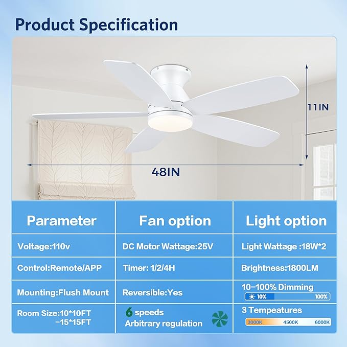 JSAITEE Flush Mount Ceiling Fans with Lights - 48in Low Profile Ceiling Fan with Light and Remote, DC Motor Quiet Operation, 3CCT Dimmable, Timer, Modern Fan Light for Indoor, Bedroom, Kitchen, White
