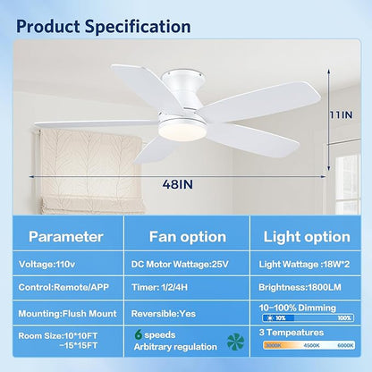JSAITEE Flush Mount Ceiling Fans with Lights - 48in Low Profile Ceiling Fan with Light and Remote, DC Motor Quiet Operation, 3CCT Dimmable, Timer, Modern Fan Light for Indoor, Bedroom, Kitchen, White