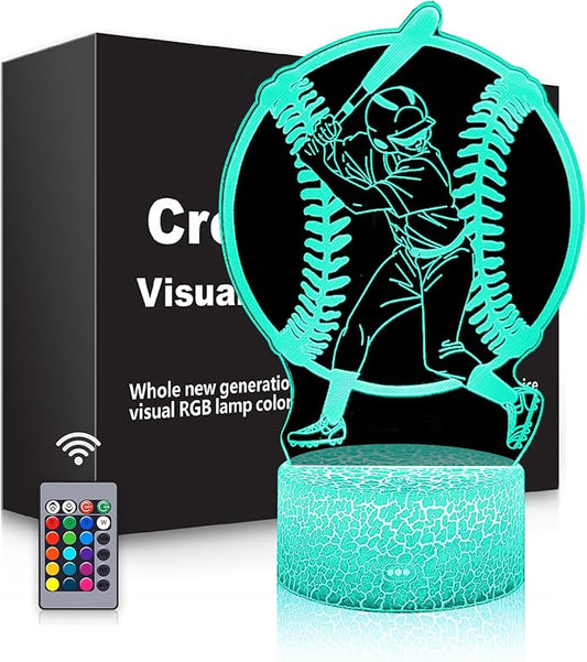 BASSI Baseball Gift 3D Night Light for Kids - 16 Colors & Flashing Modes with Remote Control Opreated Dimmable - Baseball Player Decor - Christmas Birthday Gifts for Boys Girls Sport Fans