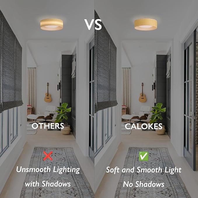 CALOKES 13" Woven Rattan-Style Boho Flush Mount Ceiling Light, LED 24W 3000K Closed to Ceiling Light Fixture with Classic Linen Drum Design for Bedrooms, Kitchen, Dining Room, Hallway
