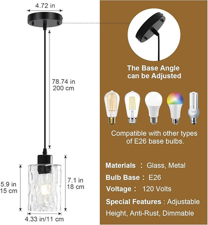 3 Pack Black Modern Pendant Light Fixtures, Adjustable Hanging Lighting with Hammered Glass Lampshade, Black Kitchen Island Pendant Lights for Dining Room Kitchen Living Room Bedroom Foyer