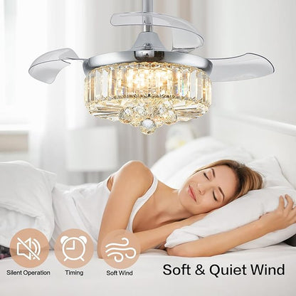 DuMaiWay 30" Chandelier Ceiling Fan with Light Crystal Modern Fandelier Reversible Ceiling Fan Dimmable Retractable Timer for Bedroom Dining Living Room Silver Chrome
