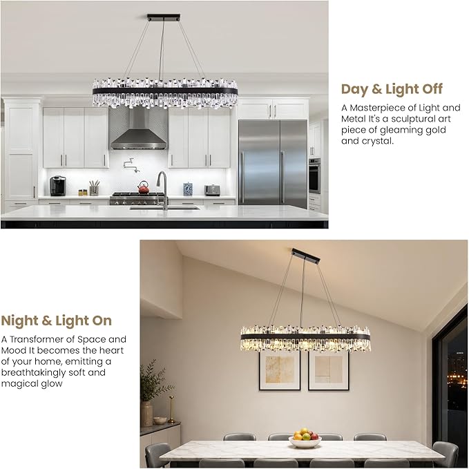 Large Rectangular Crystal Chandelier for Dining Room, 20-Light Modern 2-Tiers Oval Flush Mount Pendant Ceiling Light Fixture for Living Room Kitchen Island Bar 52 Inches