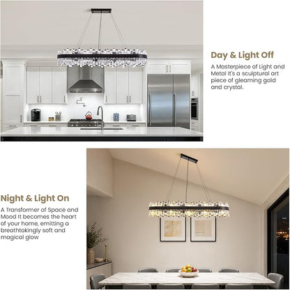 Large Rectangular Crystal Chandelier for Dining Room, 20-Light Modern 2-Tiers Oval Flush Mount Pendant Ceiling Light Fixture for Living Room Kitchen Island Bar 52 Inches