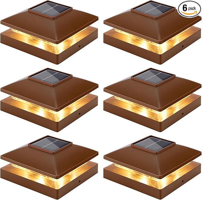 Solar Post Cap Lights Outdoor 6pack, Brown Waterproof Solar Powered Deck Fence Post Lights Fit 4x4 Wood/Vinyl Posts, Bright Warm White Solar Post Lights Decorate Deck, Patio, Porch, Fence (6pack)