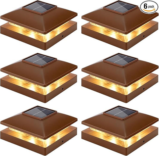Solar Post Cap Lights Outdoor 6pack, Brown Waterproof Solar Powered Deck Fence Post Lights Fit 4x4 Wood/Vinyl Posts, Bright Warm White Solar Post Lights Decorate Deck, Patio, Porch, Fence (6pack)