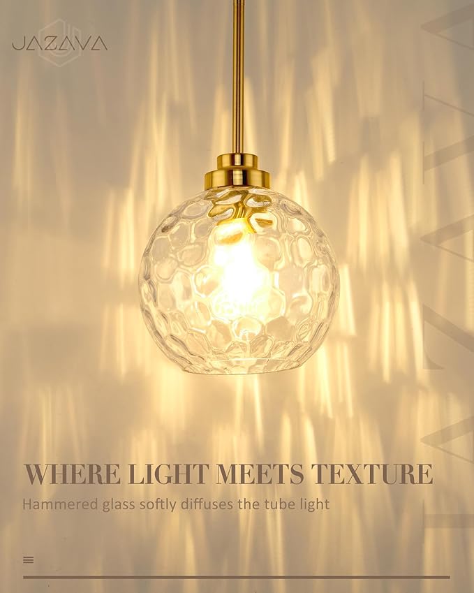 8 Inch Modern Farmhouse Pendant for Kitchen Island, Adjustable Height Hanging Fixture with Hammered Glass,Brushed Gold Finish, Dining Room Entryway - PL101HBG-L