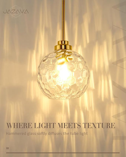 8 Inch Modern Farmhouse Pendant for Kitchen Island, Adjustable Height Hanging Fixture with Hammered Glass,Brushed Gold Finish, Dining Room Entryway - PL101HBG-L