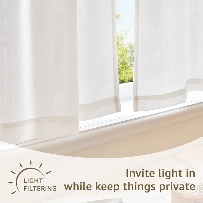 jinchan Linen Tie Top Curtains 36 Inch Length Farmhouse Cafe Curtains Set of 2 for Bedroom Bathroom Rustic Small Windows Light Filtering White Panels with Blue Ties