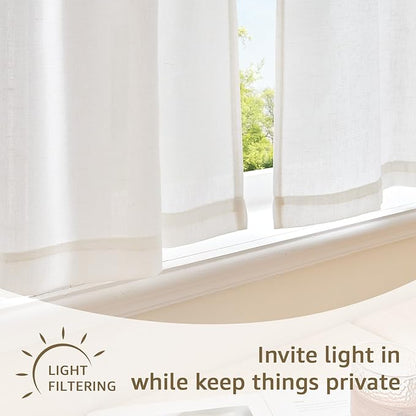 jinchan Linen Tie Top Curtains 24 Inch Length Farmhouse Cafe Curtains Set of 2 for Bedroom Bathroom Rustic Small Windows Light Filtering White Panels with Pink Ties