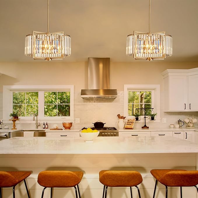 Crystal Dining Room Chandelier Light Fixture Modern Round Brushed Nickel Chandeliers for Kitchen Hallway Bedroom Foyer Living Room 5-Light 20 Inch Farmhouse Adjustable Height Hanging Light