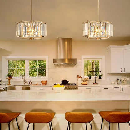 Crystal Dining Room Chandelier Light Fixture Modern Round Brushed Nickel Chandeliers for Kitchen Hallway Bedroom Foyer Living Room 5-Light 20 Inch Farmhouse Adjustable Height Hanging Light