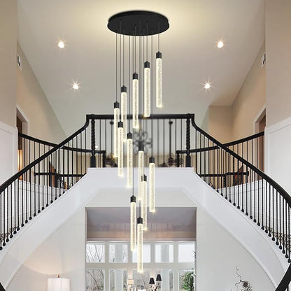118'' Modern Crystal Column Chandelier for High Ceiling LED Dimmable Crystal Pendant Light Staircase Foyer Enterway Living Room Ceiling Chandelier Lighting Black 12 Lights