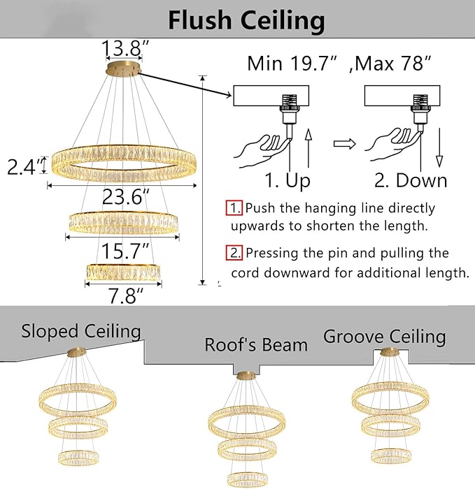 HAIXIANG Modern Glam Chandelier Crystal LED Remote Rings Chandelier Adjustable Hanging Ceilings Pendant Lights Fixture Gold 8"+16"+24" Rings Lighting