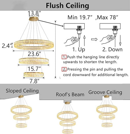 HAIXIANG Modern Glam Chandelier Crystal LED Remote Rings Chandelier Adjustable Hanging Ceilings Pendant Lights Fixture Gold 8"+16"+24" Rings Lighting