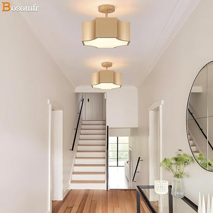 12.6'' Modern Gold 3-Light Ceiling Light Fixture, Metal Industrial Semi Flush Mount Close to Ceiling Light, Farmhouse Light Fixtures Ceiling Mount, Geometry Chandelier for Kitchen, Dining Room