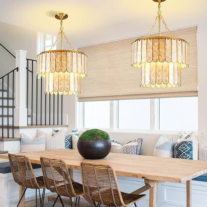 Capiz Shell Chandelier H66.2'' x D20.5'', Natural Ceiling Light Fixtures Coastal Chandeliers for Living Room Bedroom Office(More Additional Shell Parts Included) Gold