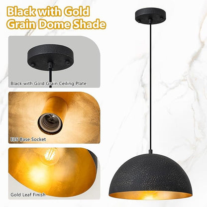 11.8" Farmhouse Pendant Light,Black with Gold Grain Industrial Dome Chandelier 2 Pack,Adjustable Vintage Pendant Lights Kitchen Island for Dining Room,Bedroom,Hallway