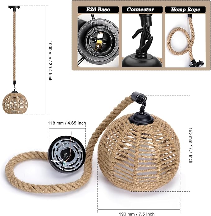 Kawell Indoor Hemp Rope Pendant Light Fixtures Height Adjustable Hanging Light Fixtures E26 Base Vintage Ceiling Chandelier Hardwired for Farmhouse Bedroom Kitchen Dining Room Restaurant Bar Cafe