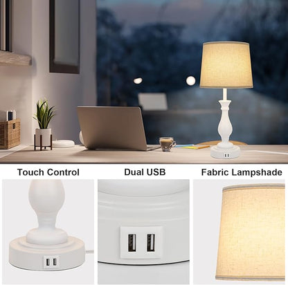 LALISU Farmhouse Table Lamp Touch Control 3-Way Dimmable Table Lamp, Modern Nightstand Lamp with 2 USB Port Bedside Desk Lamp with Fabric Shade for Living Room Bedroom Hotel (Pack 1-Off White)