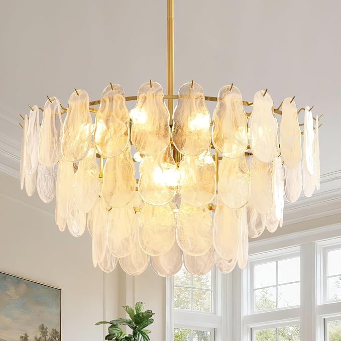KELUOLY Modern Large Gold Chandeliers, D31.4 Inch Creative Cloud Glass Pendant Ceiling Fixture Lamp, 3 Tier Round Crystal Glass Chandelier, 12-Light for Living Room Bedroom Dining Room Entryway (E12)