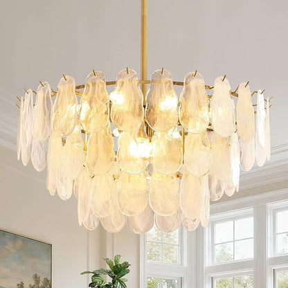 KELUOLY Modern Large Gold Chandeliers, D31.4 Inch Creative Cloud Glass Pendant Ceiling Fixture Lamp, 3 Tier Round Crystal Glass Chandelier, 12-Light for Living Room Bedroom Dining Room Entryway (E12)