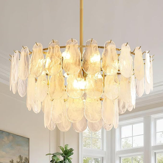 KELUOLY Modern Large Gold Chandeliers, D31.4 Inch Creative Cloud Glass Pendant Ceiling Fixture Lamp, 3 Tier Round Crystal Glass Chandelier, 12-Light for Living Room Bedroom Dining Room Entryway (E12)