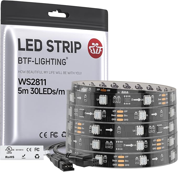 BTF-LIGHTING WS2811 IC=RGB+IC Addressable Color RGB LED Strip,16.4FT 30LED/m 10Pixels/m,IP67 Black PCB,UL Listed,Flexible DC12V Chasing Effect for Indoor Home Decor(No Adapter or Controller)