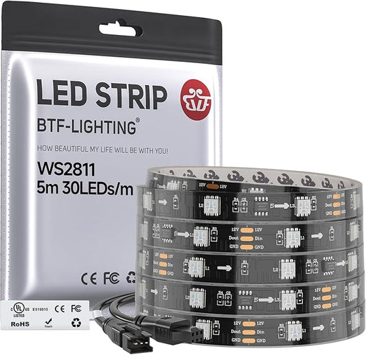 BTF-LIGHTING WS2811 IC=RGB+IC Addressable Color RGB LED Strip,16.4FT 30LED/m 10Pixels/m,IP67 Black PCB,UL Listed,Flexible DC12V Chasing Effect for Indoor Home Decor(No Adapter or Controller)