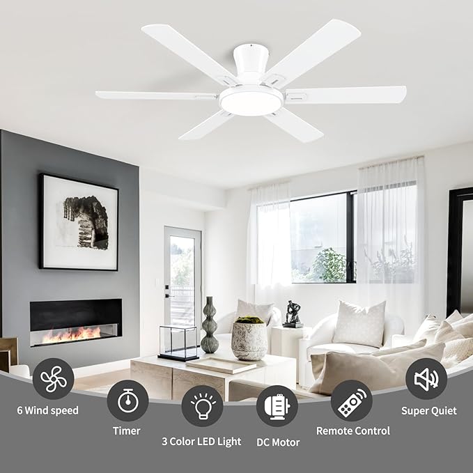 52 Inch White Ceiling Fans with Lights and Remote,Flush Mount Low Profile 6 Blades Ceiling Fan with 10 Inch Lighting Fixture,Quiet Reversible DC Motor for Living Room,Bedroom and Patio