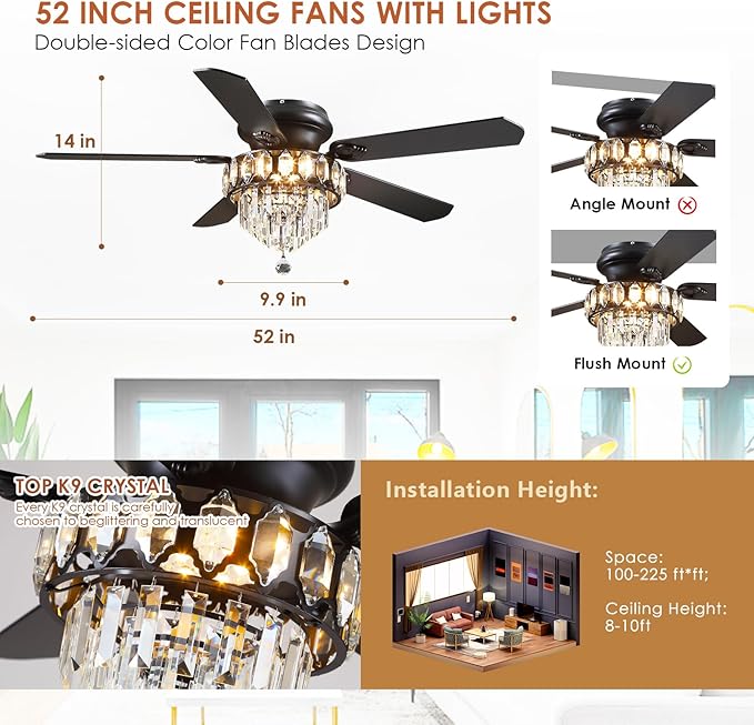 Asyko 52" Low Profile Crystal Ceiling Fan Fandelier with Lights and Remote Control- Retro/Farmhouse Ceiling Fans with Noiseless DC Motor, Flush Mount Ceiling Fan Light for Dining Room,Bedroom