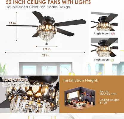 Asyko 52" Low Profile Crystal Ceiling Fan Fandelier with Lights and Remote Control- Retro/Farmhouse Ceiling Fans with Noiseless DC Motor, Flush Mount Ceiling Fan Light for Dining Room,Bedroom
