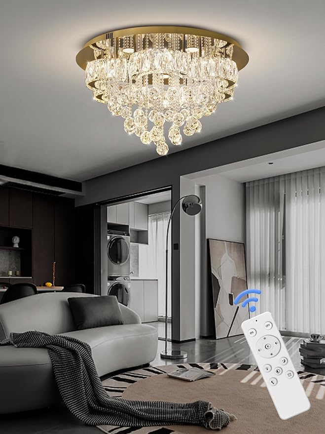 Flashing God W24inches Modern Gold Chandeliers Flush Mount Ceiling Chandeliers for High Ceiling Small Hanging Chandelier Light Fixture Bedroom Dining Room Living Room LED Dimming 2700k 4500k 6000k