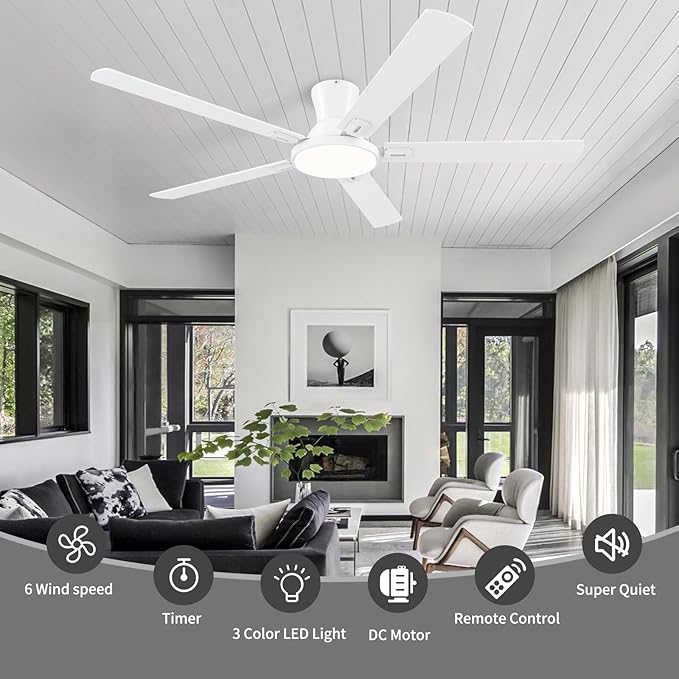 60 Inch White Ceiling Fans with Lights and Remote, Flush Mount Low Profile 5 Blades Ceiling Fan with 10 Inch Lighting Fixture, Quiet Reversible DC Motor for Living Room, Bedroom and Patio