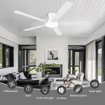 60 Inch White Ceiling Fans with Lights and Remote, Flush Mount Low Profile 5 Blades Ceiling Fan with 10 Inch Lighting Fixture, Quiet Reversible DC Motor for Living Room, Bedroom and Patio