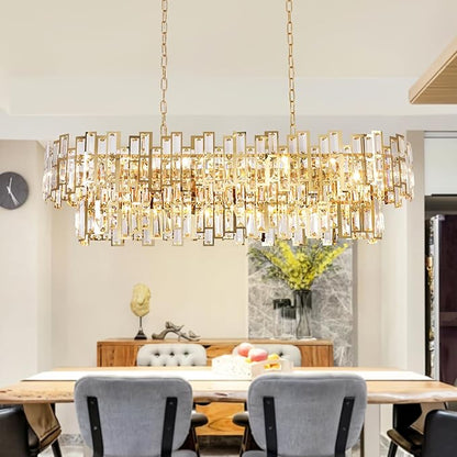 Rectangle Gold Crystal Chandeliers for Dining Room 2-Tier 15 Lights Modern Chandelier Luxury Rectangular Oval Preinstalled Top K9 Crystal Contemporary Pendant Lighting Fixture 43.3"
