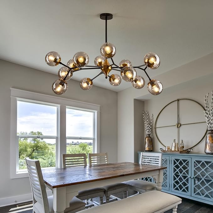 hesoge 15 Light Sputnik Modern Large Chandelier, Mid Century Black and Gold Metal Ceiling Light Fixture with Glass Globe,Pendant Light Hanging for Dining Room Kitchen Living Room Bedroom Foyer.