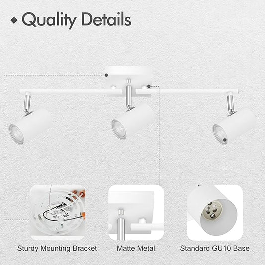 AUQUEE 3 Light Track Lighting Fixtures Ceiling, White Kitchen Lighting Fixtures Ceiling, Track Lights Ceiling, Rotatable Light Heads, Modern Track Lights for Living Room,GU10 Bulb Not Included