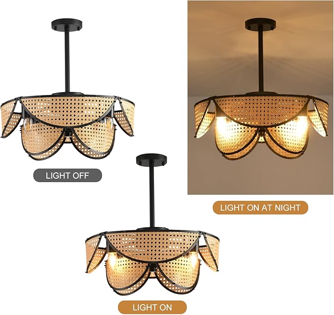 Ganeed 20" Boho Caged Ceiling Fan with Light and Remote, Layered Rattan Enclosed Flush Mount Boho Ceiling Fans Lights, Low Profile 6 Speed Reversible Fandelier for Bedroom Kitchen Living Room Nursery