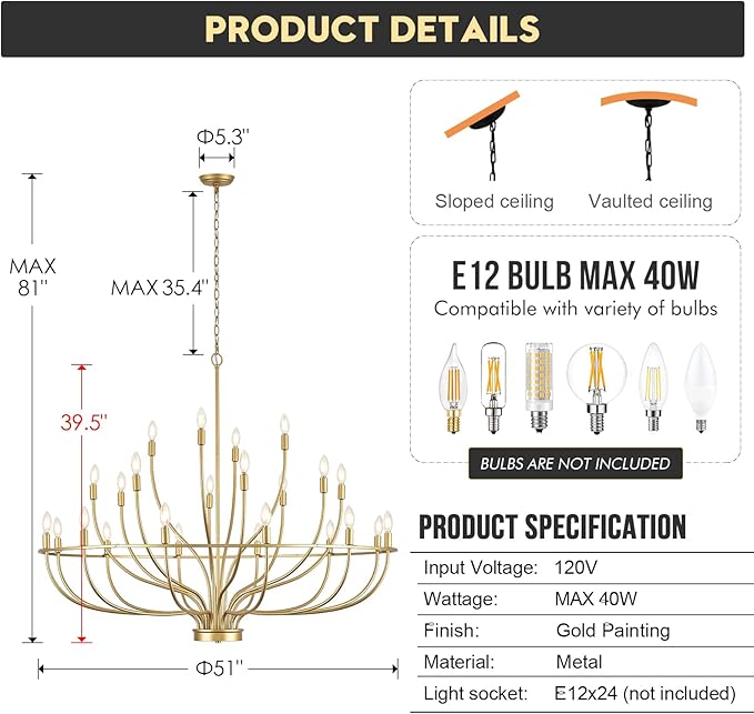 24 Light Gold Chandelier 51'' Large Candle Chandeliers for High Ceiling Foyer Brushed Brass Gold Chandelier Light Fixture for Large Living Room Dining Room Stairs Entry Restaurant Hotel