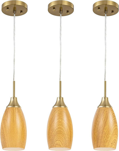 Viinew Mini Glass Pendant Light 4.72" Walnut Wood Grain Pendant Lights 3-Pack Handblown Art Oval Glass Hanging Pendant Light for Kitchen Island Dining Room Living Foyer Hallway Entry Brushed Gold